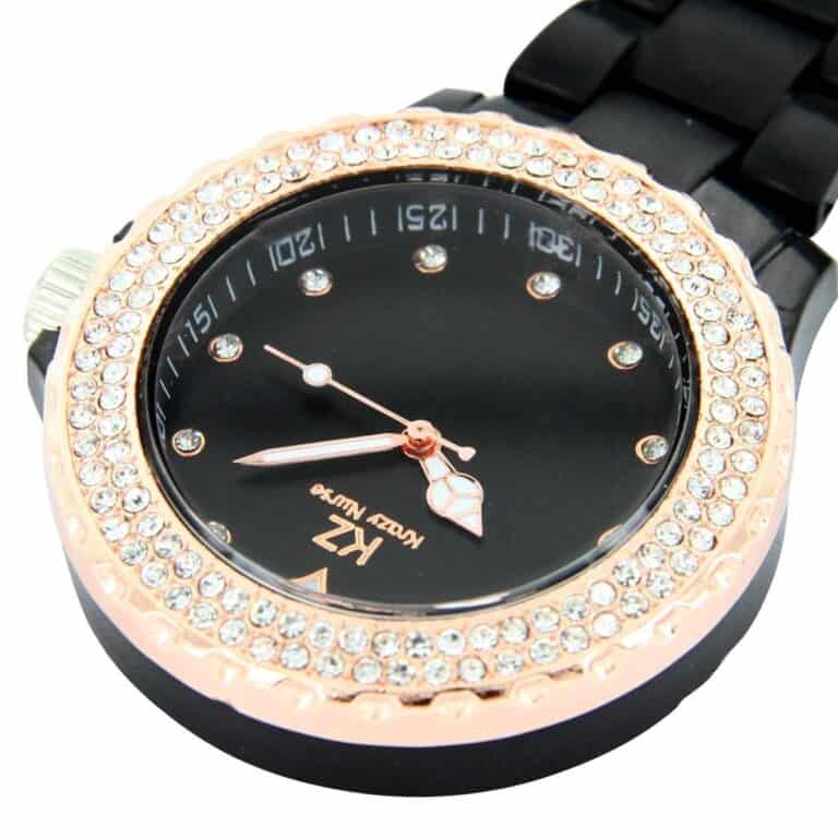 Jolie Montre Infirmière Plastique Noir Rosé Strass KRAZY 35