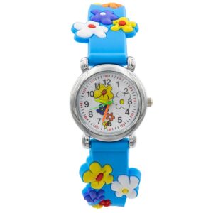 Montre Enfant Fille Silicone avec Fleur Bleu