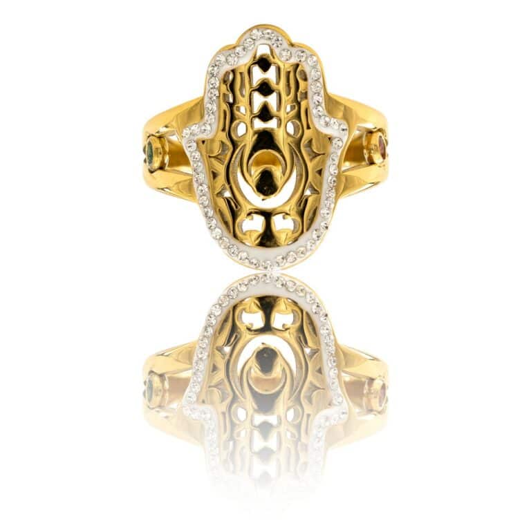 Bague pour Femme Acier Doré Main de Fatma Ornée Zirconium